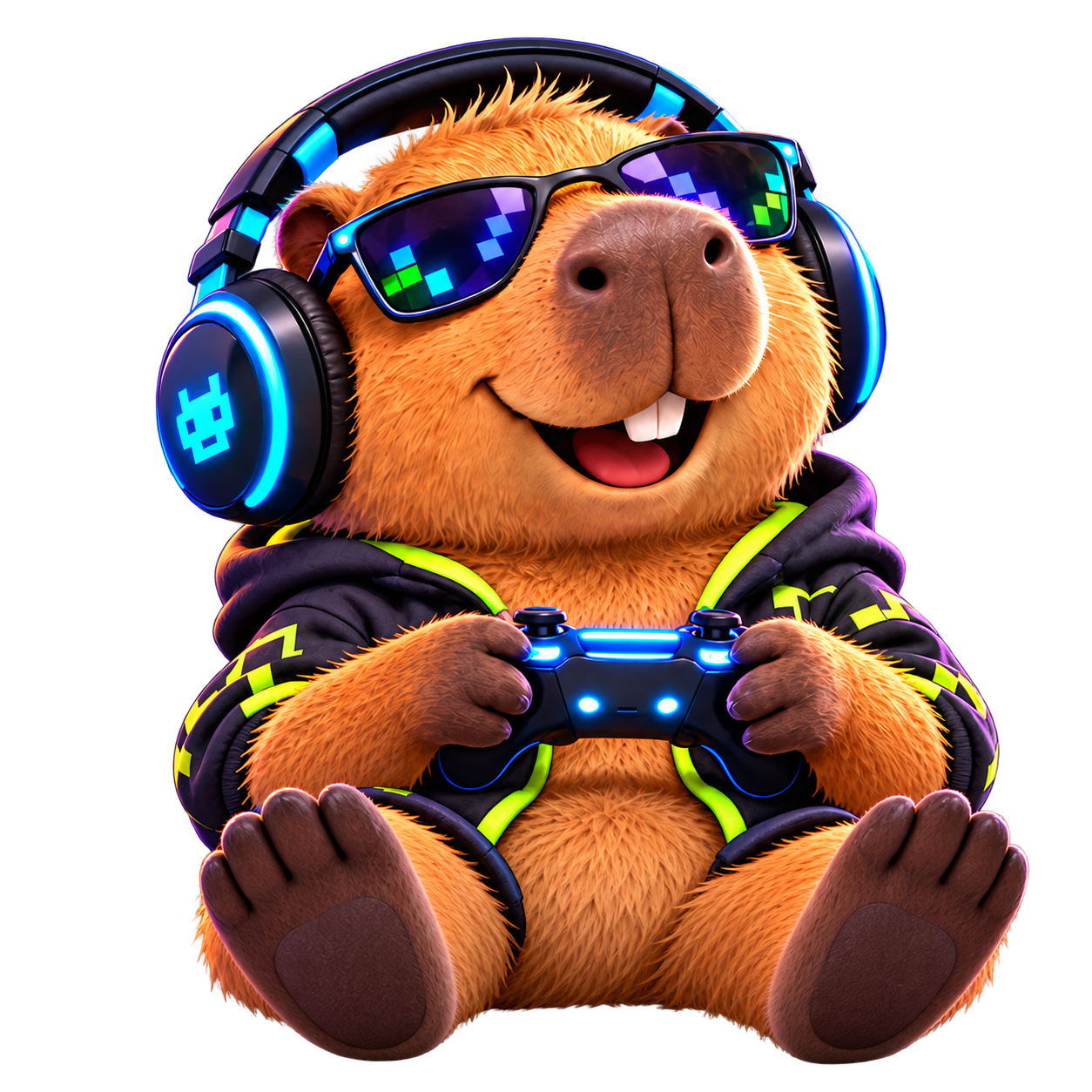 Augusts smilende gamer-capybara med headset og controller